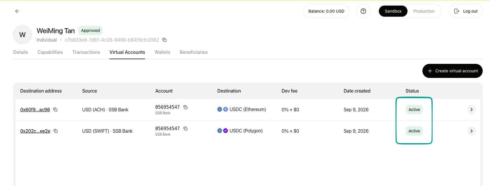 Virtual Accounts tab listing two accounts with their status shown as Active