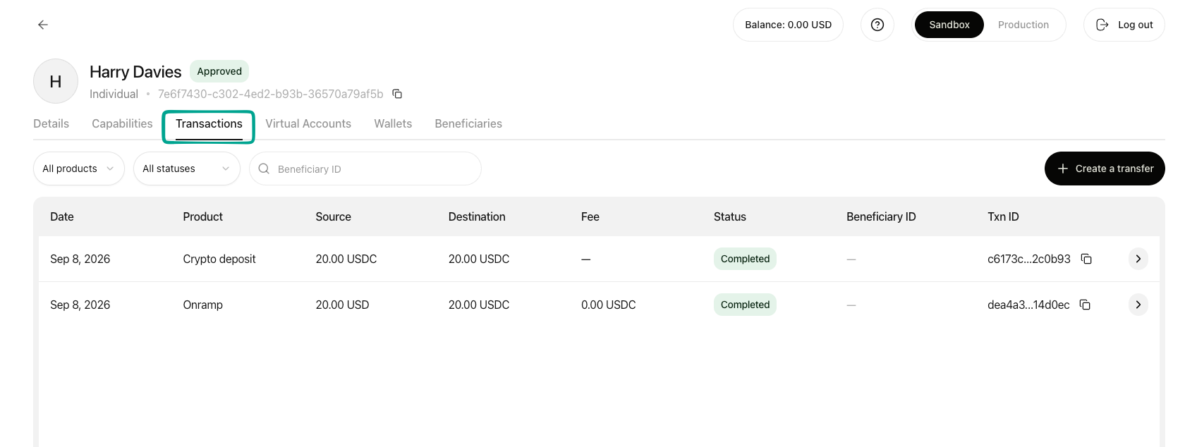 Transactions tab listing an onramp and a crypto deposit, both marked Completed