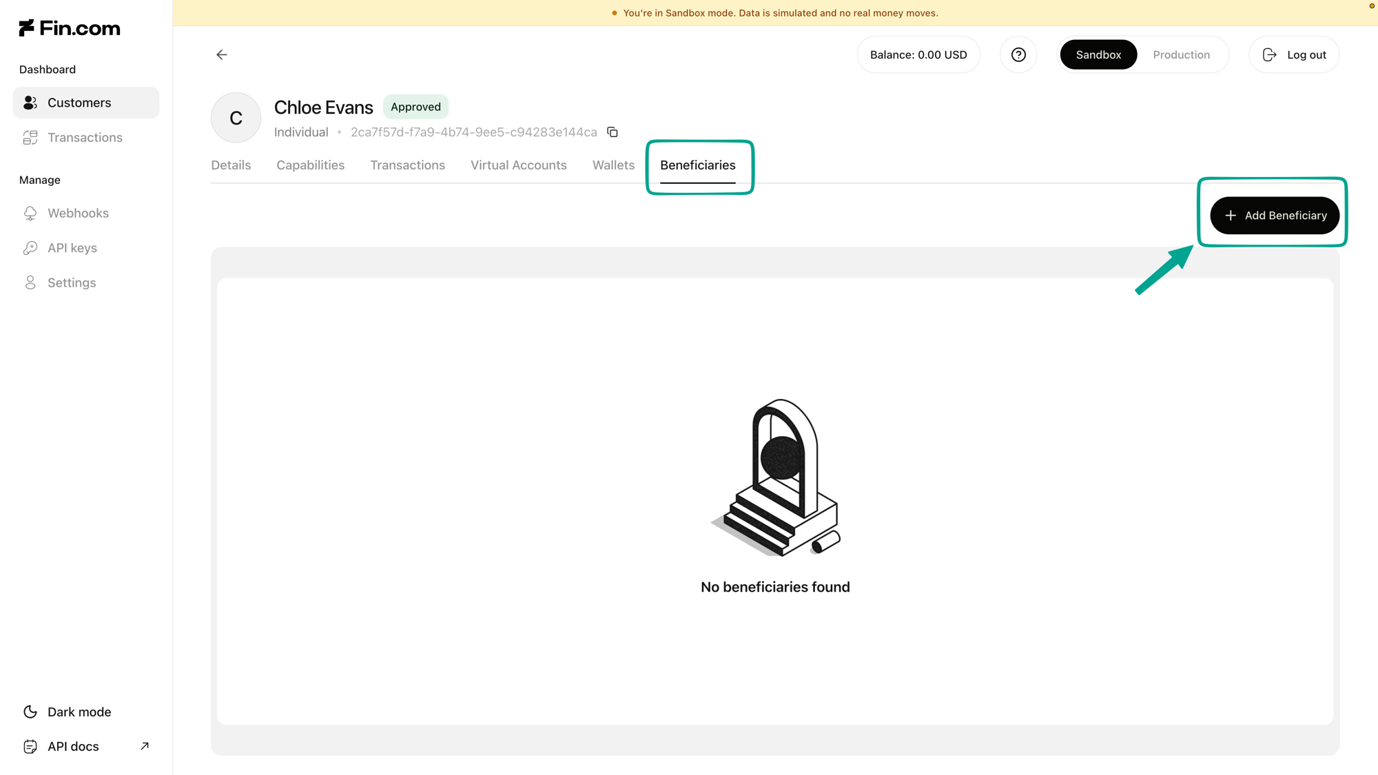 Customer details screen with the Beneficiaries tab selected and the Add Beneficiary button highlighted