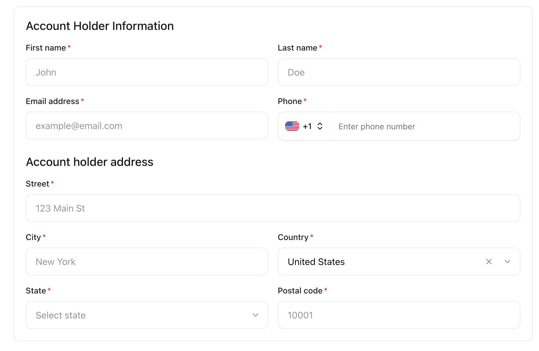Account Holder Information and Account holder address sections