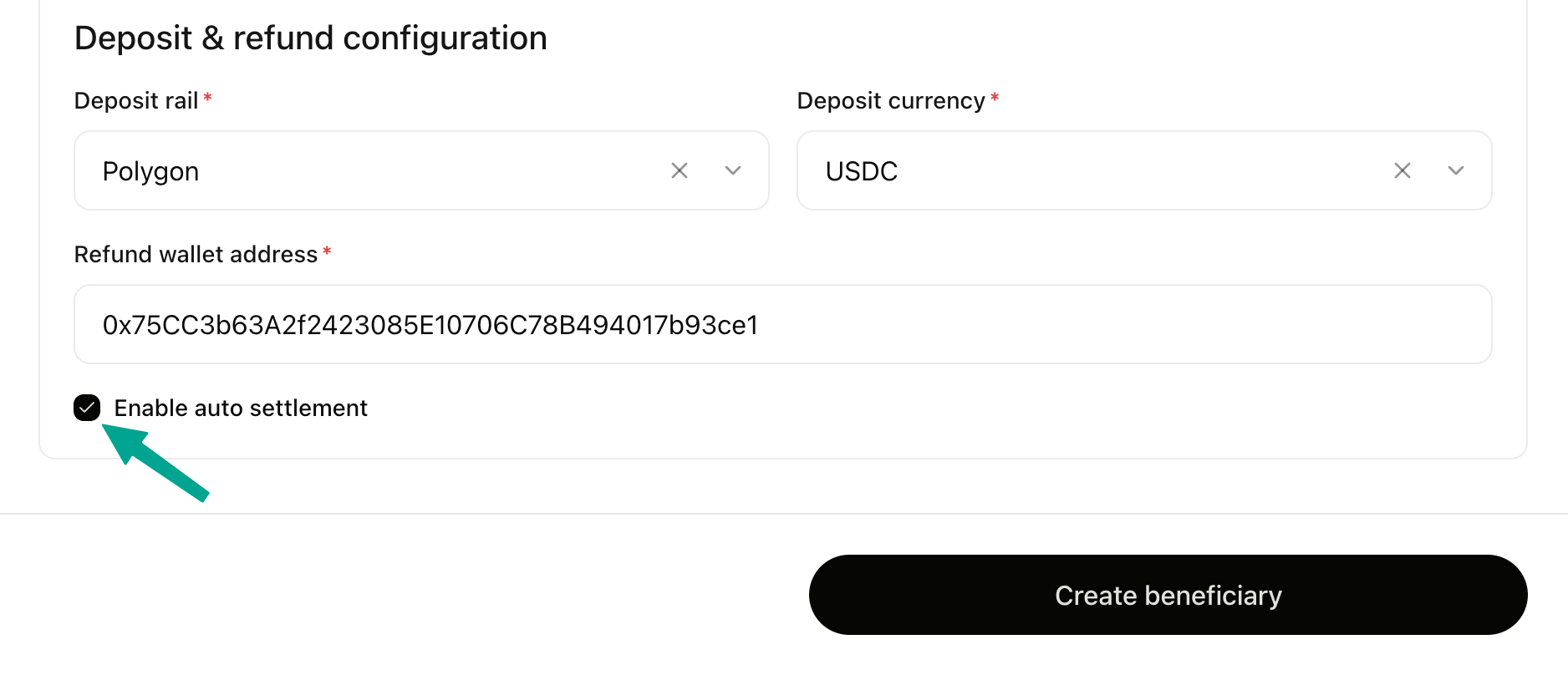 The Enable auto settlement checkbox selected