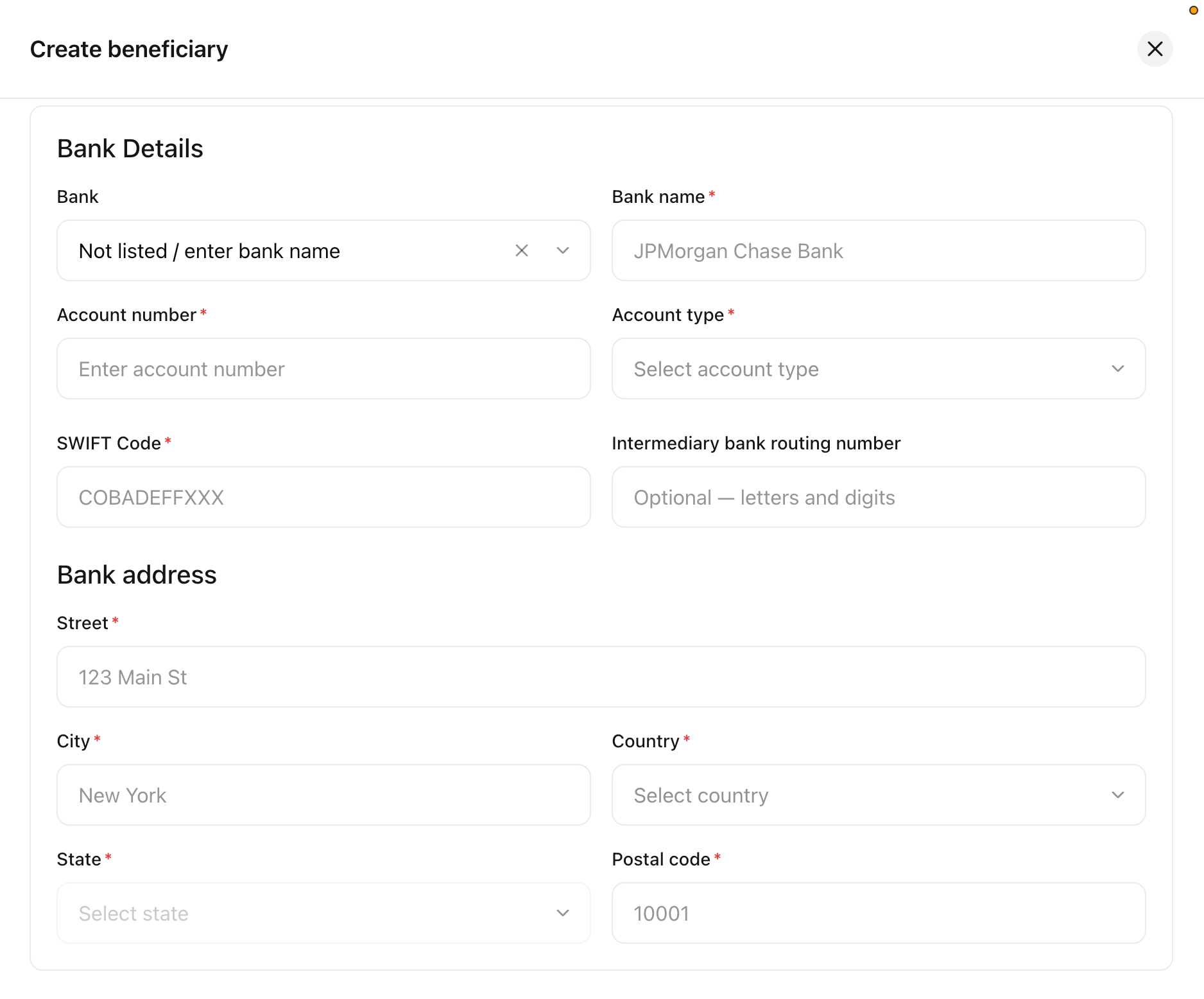 Bank Details section with the bank picker, account number, account type, SWIFT code, and bank address