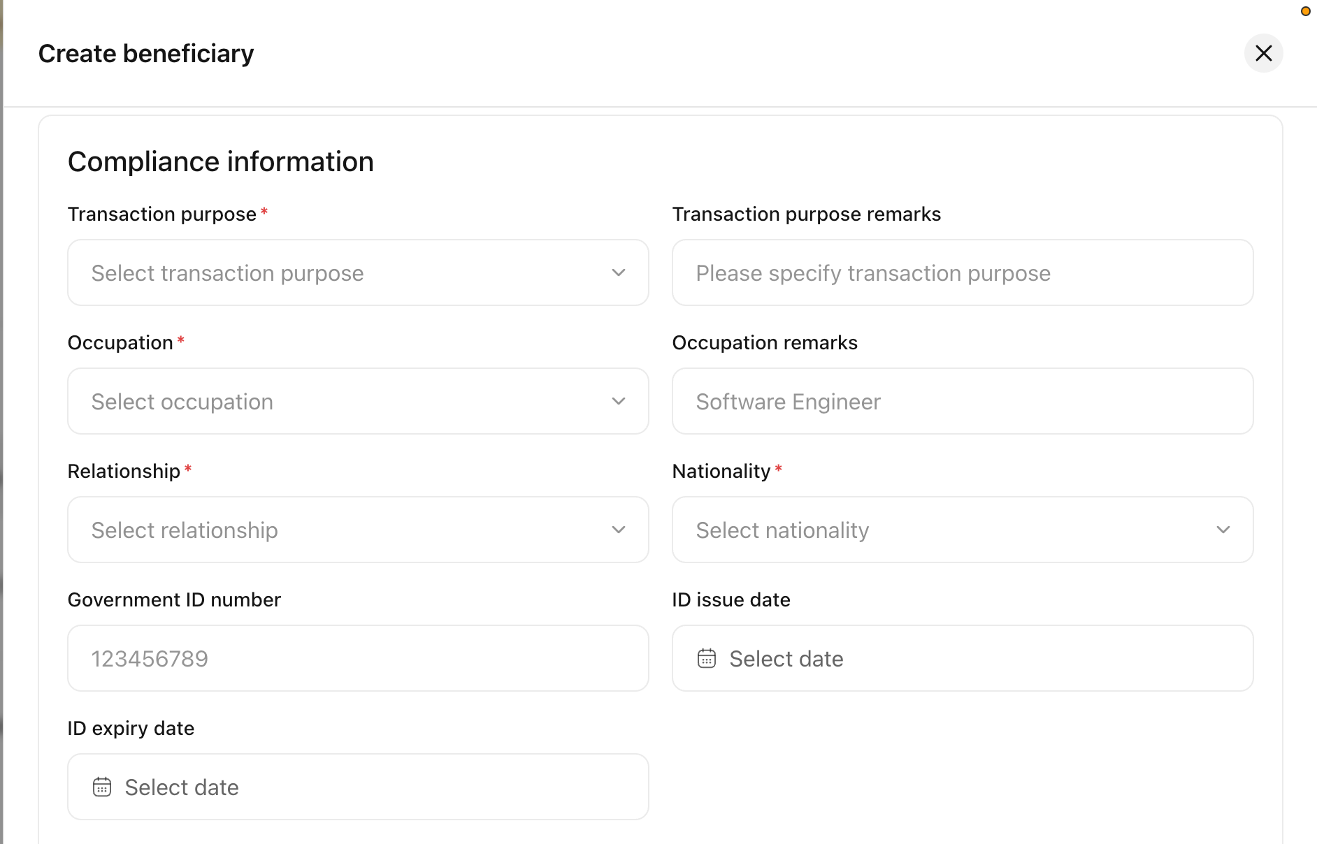Compliance information section with transaction purpose, occupation, relationship, nationality, and government ID fields