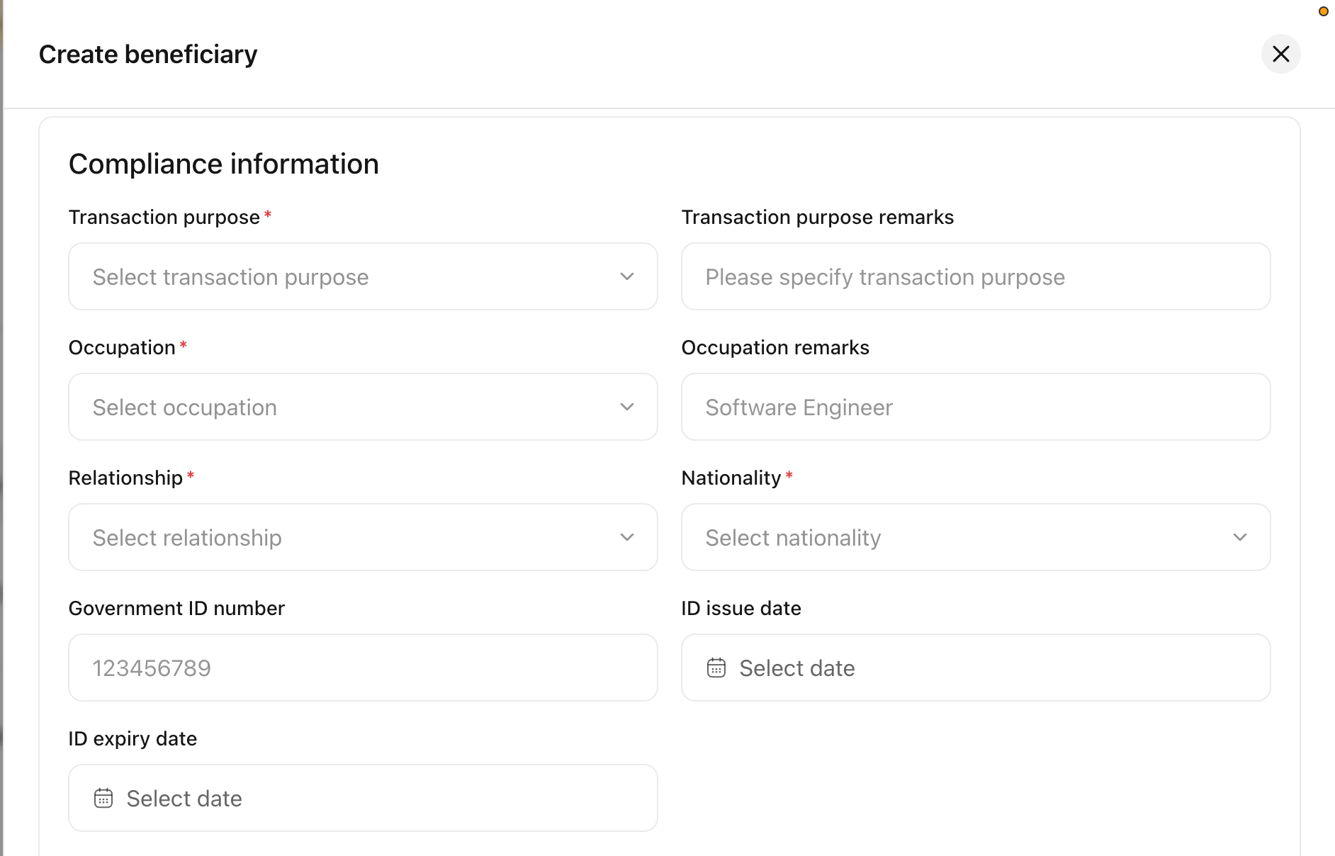 Compliance information section with transaction purpose, occupation, relationship, nationality, and government ID fields