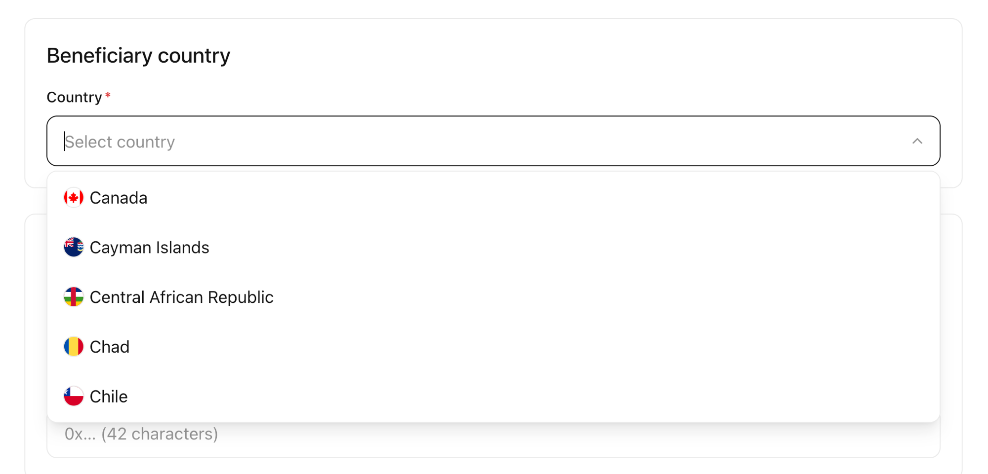 Beneficiary country section with the country list open