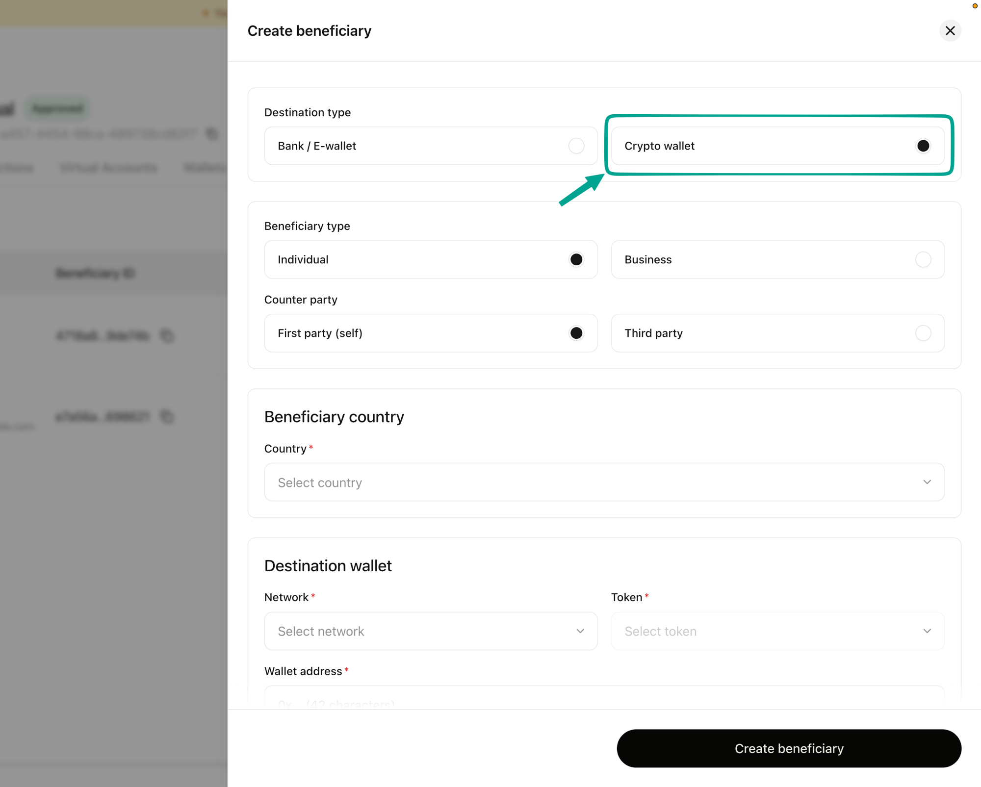 Create beneficiary form with Crypto wallet selected as the destination type