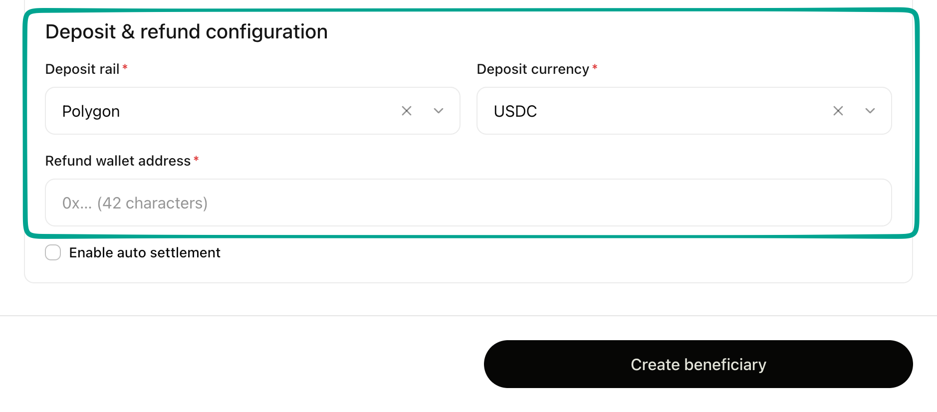 Deposit and refund configuration section with deposit rail, deposit currency, and refund wallet address