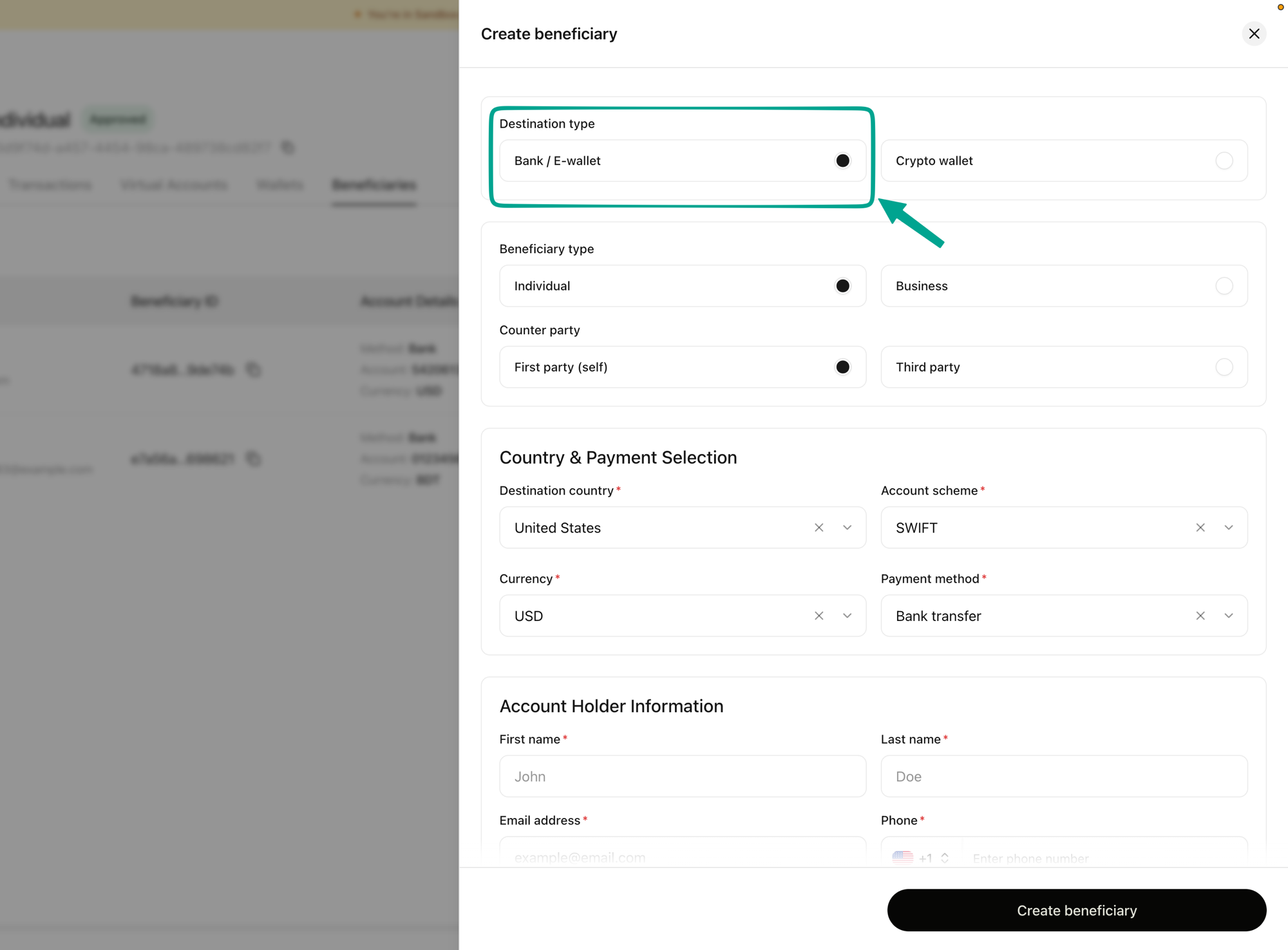 Create beneficiary form with Bank / E-wallet selected as the destination type