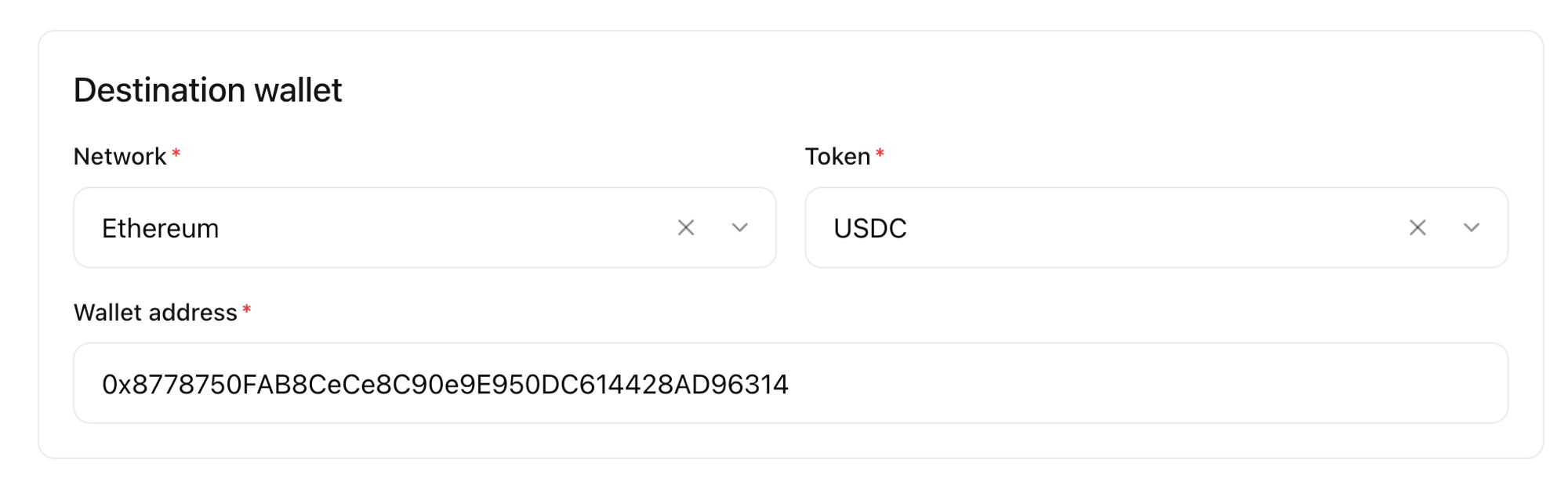 Destination wallet section with network, token, and wallet address filled in