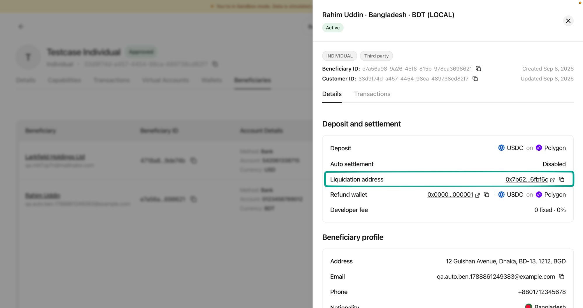 Beneficiary details panel showing the Deposit and settlement section with the liquidation address highlighted