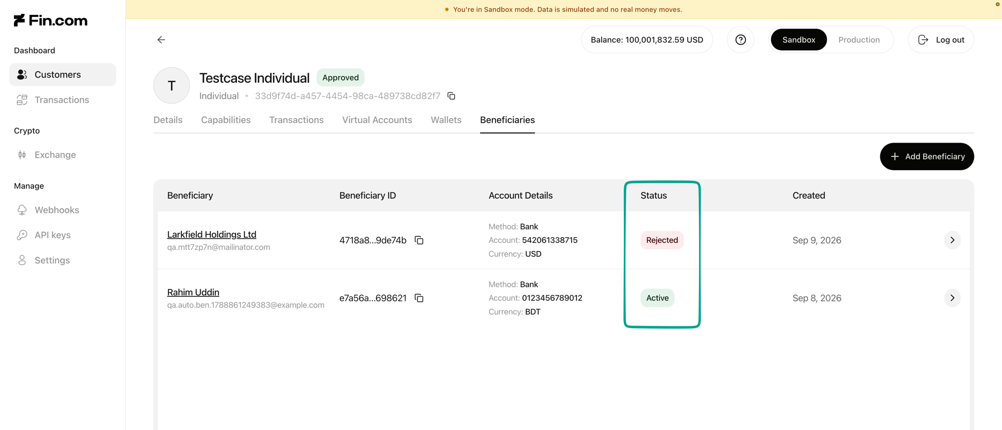 Beneficiaries tab listing two beneficiaries, one Rejected and one Active, with the Status column highlighted