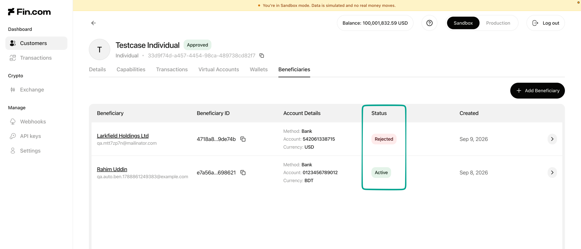 Beneficiaries tab listing two beneficiaries, one Rejected and one Active, with the Status column highlighted