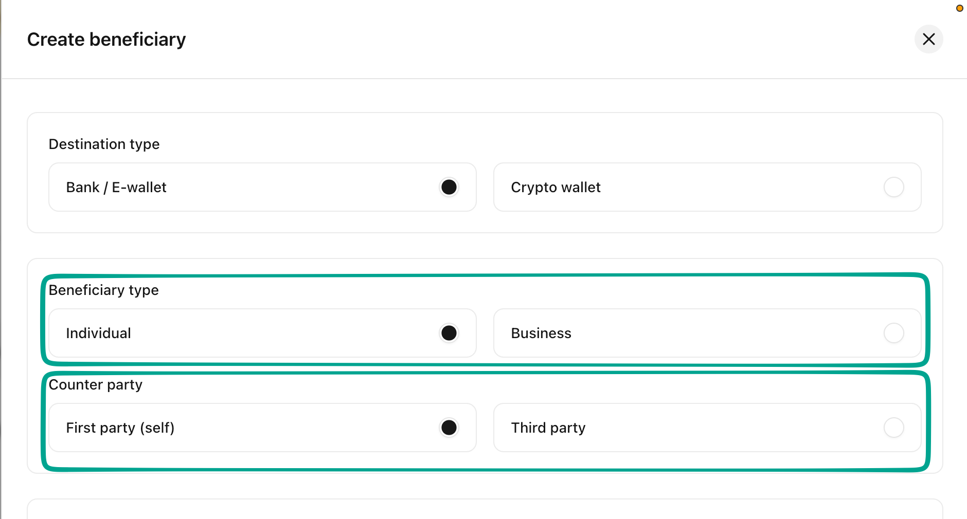 Beneficiary type and Counter party options highlighted on the Create beneficiary form