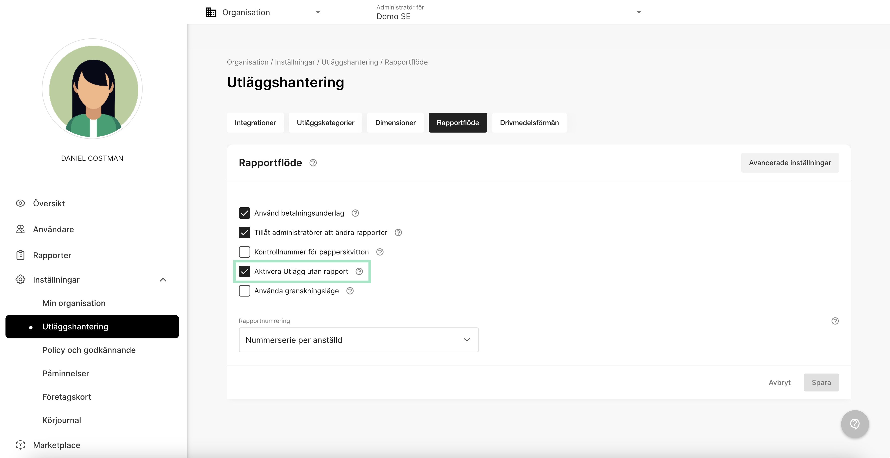 Aktivera utlägg utan rapport
