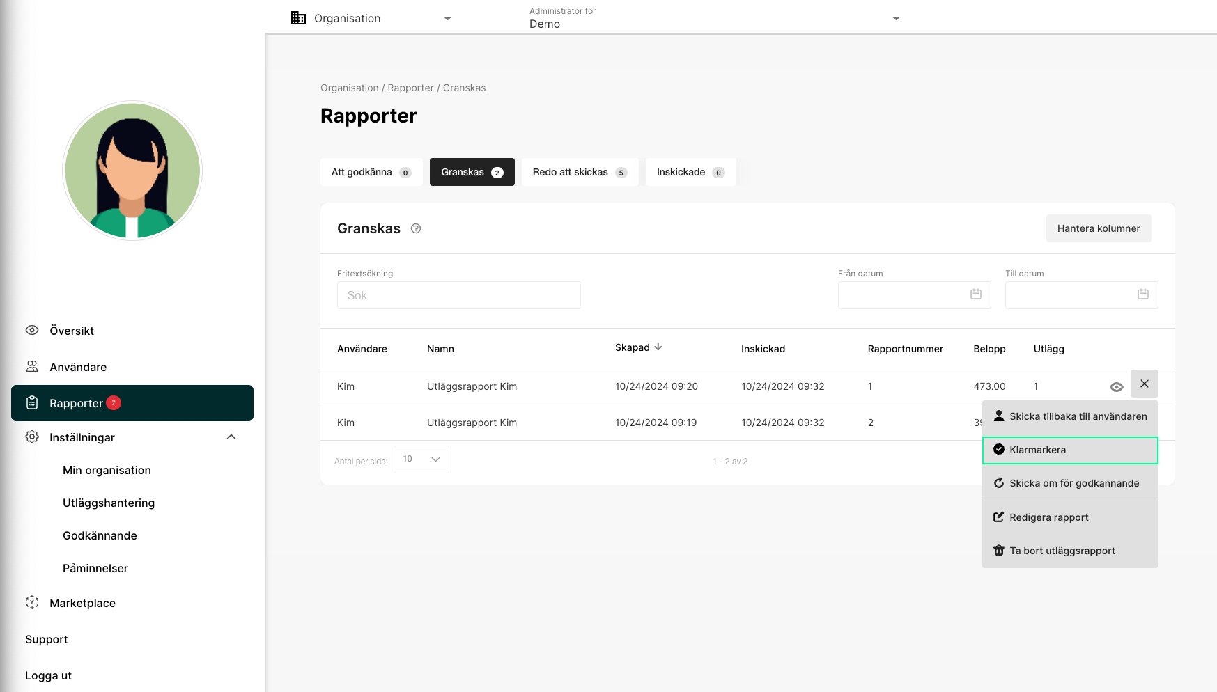 Klarmarkera rapporten