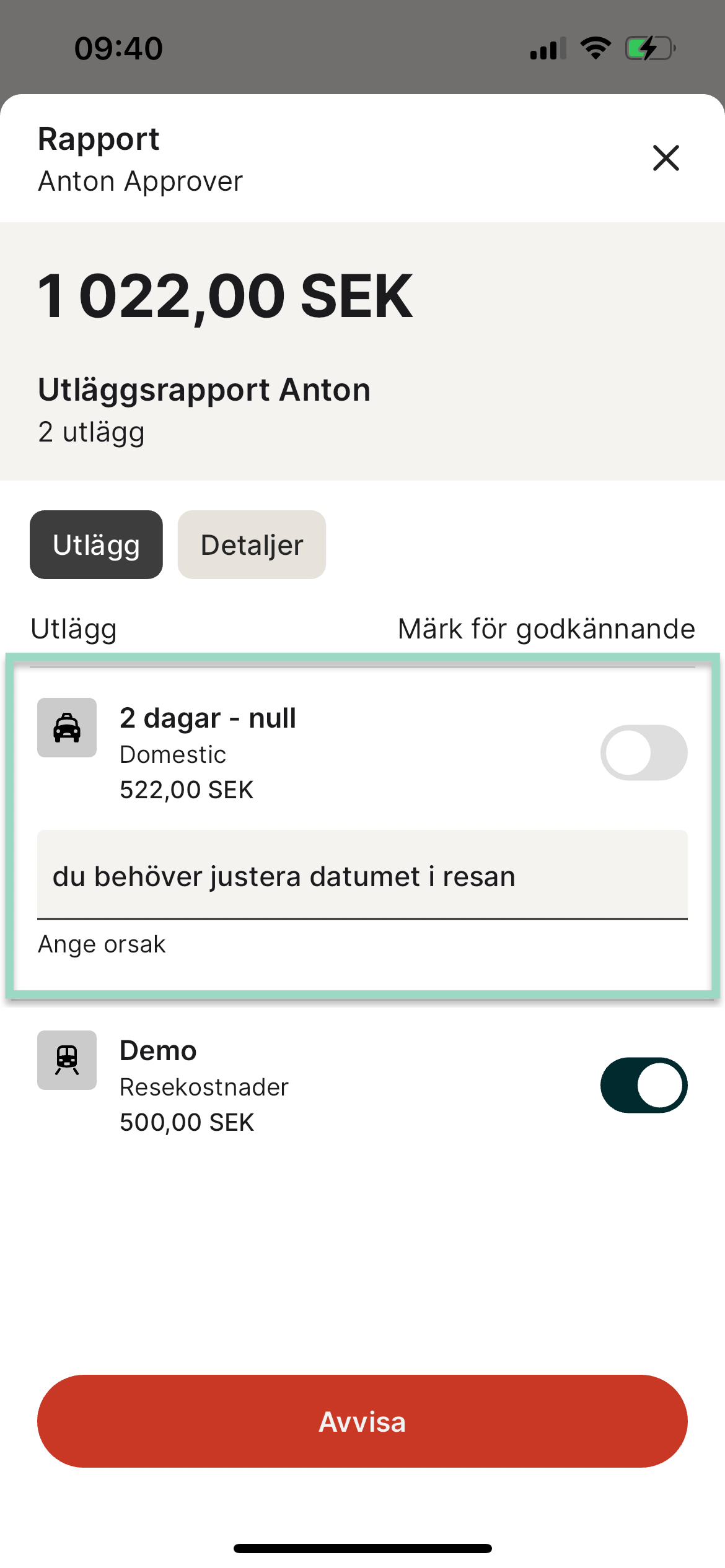 Ange orsak till avvisning
