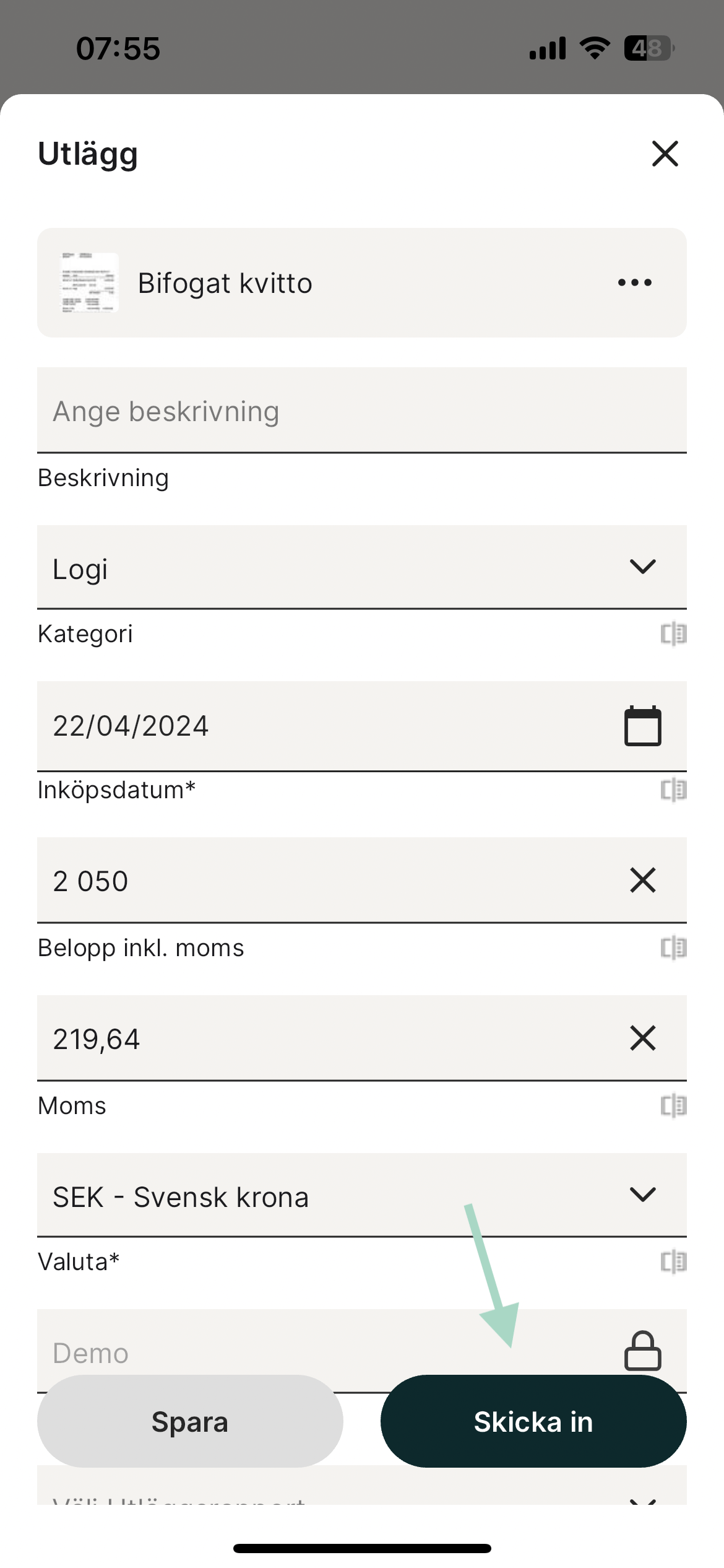 Skicka in ett enstaka utlägg