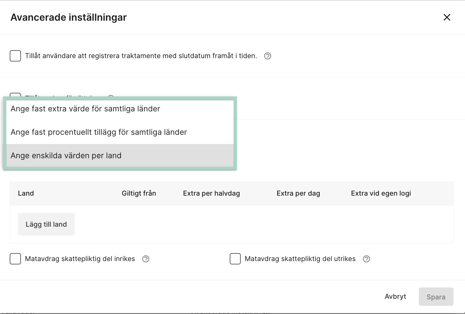 Avancerade inställningar för traktamente