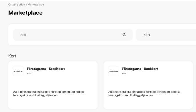Marketplace listing Företagarna credit and debit cards under the Cards category