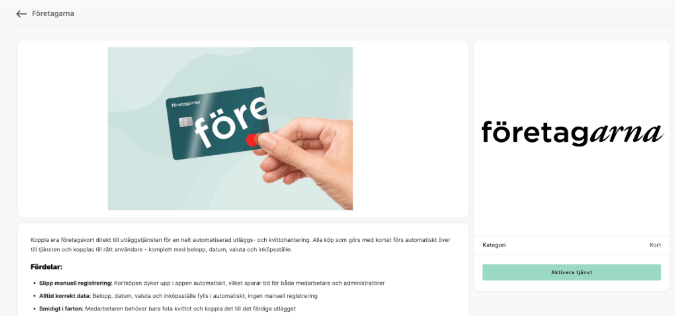 Företagarna product page with benefits and the Activate service button