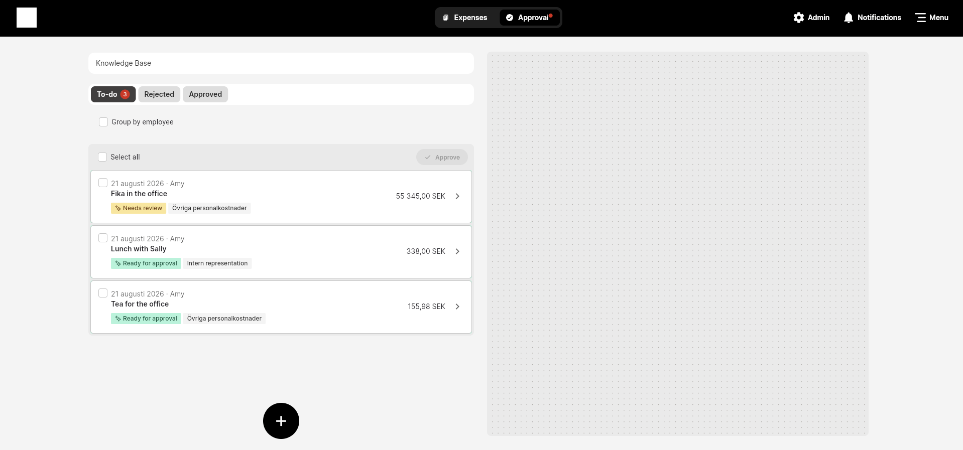 Approval list showing Ready for approval and Needs review statuses