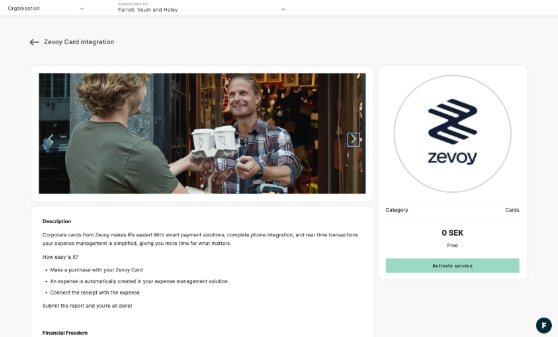 The Zevoy Card integration product page with Activate service