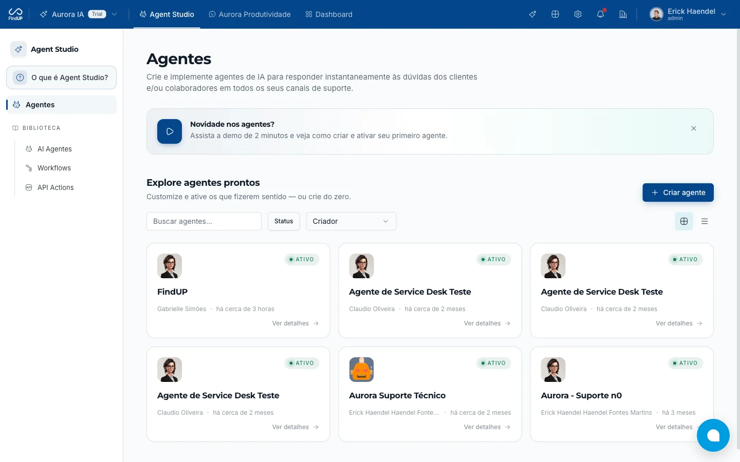 Agent Studio da Aurora para criação e gestão de agentes de IA
