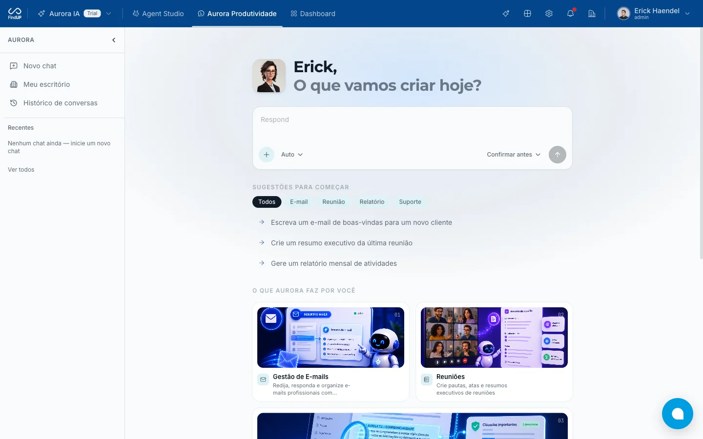 Chat da Aurora Produtividade com sugestões de prompt e seleção de assistente