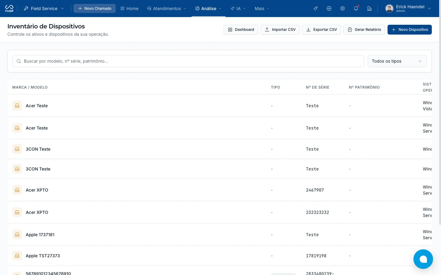 Inventário de dispositivos com busca, filtros e dados dos equipamentos