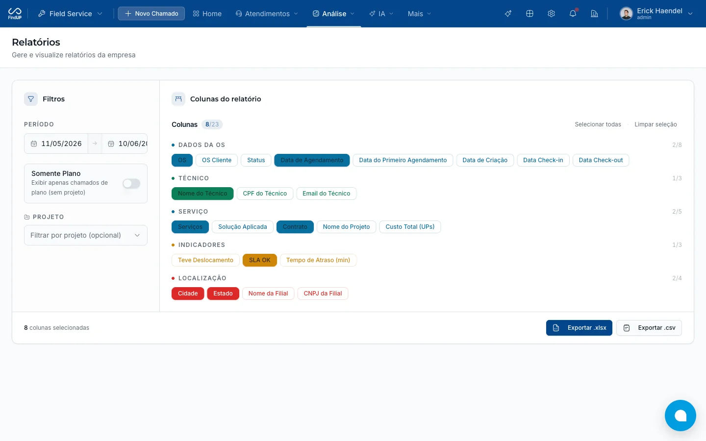 Tela de relatórios com tipos disponíveis e filtros