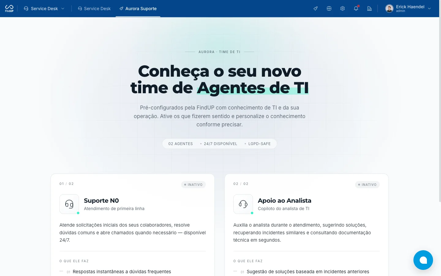 Aurora Suporte com os agentes de IA pré-configurados de TI
