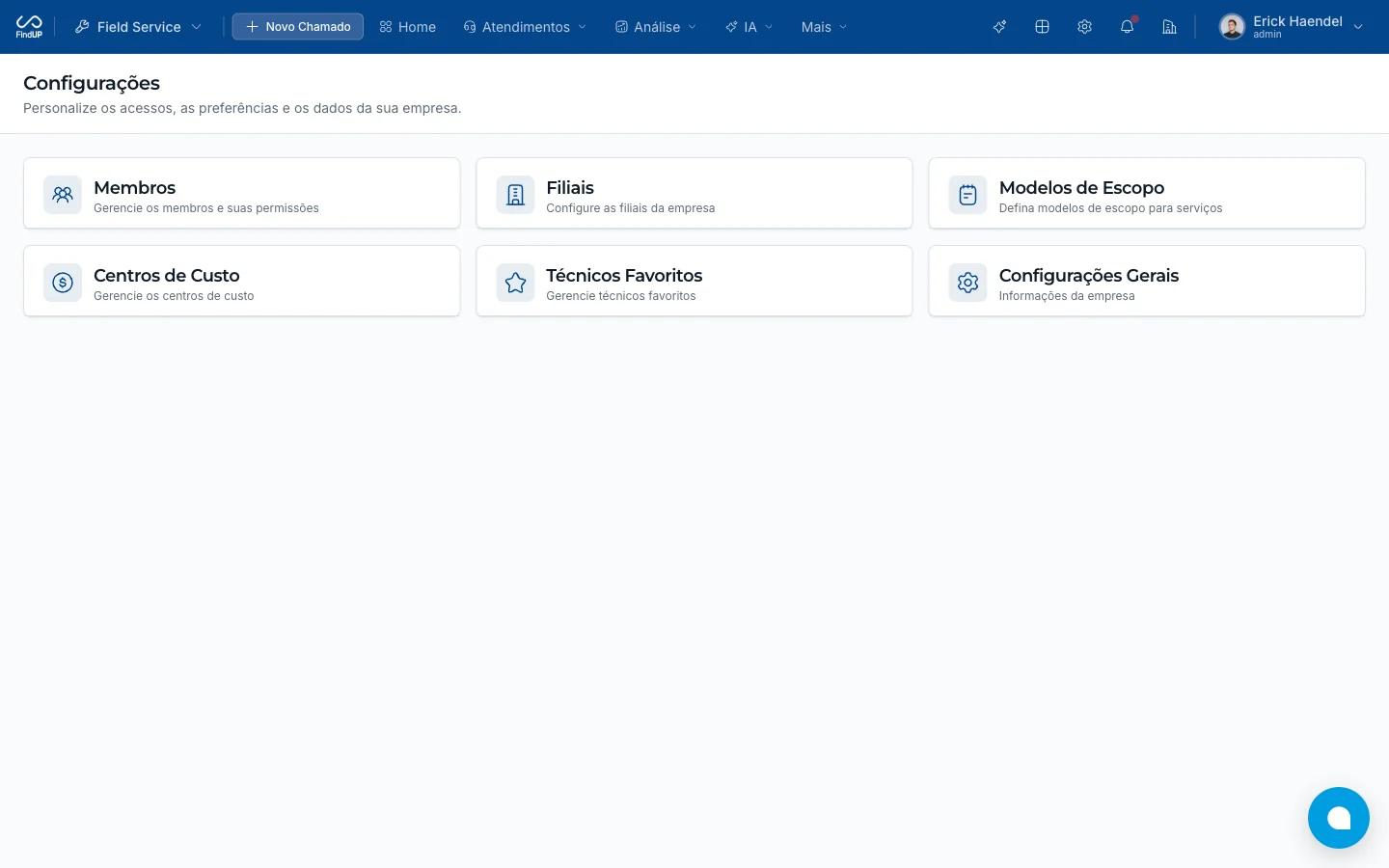 Tela de Configurações da empresa