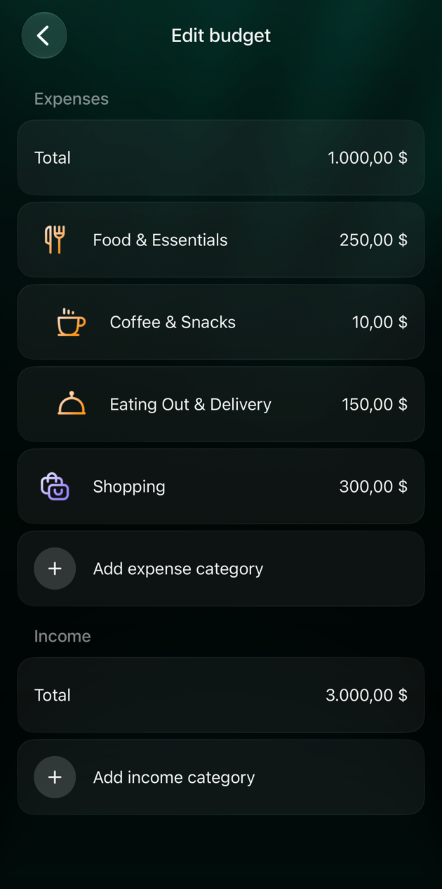 iOS Edit budget screen: Expenses Total 1.000,00 dollars, Food & Essentials 250,00, Coffee & Snacks 10,00, Eating Out & Delivery 150,00, Shopping 300,00, Add expense category; Income Total 3.000,00, Add income category.