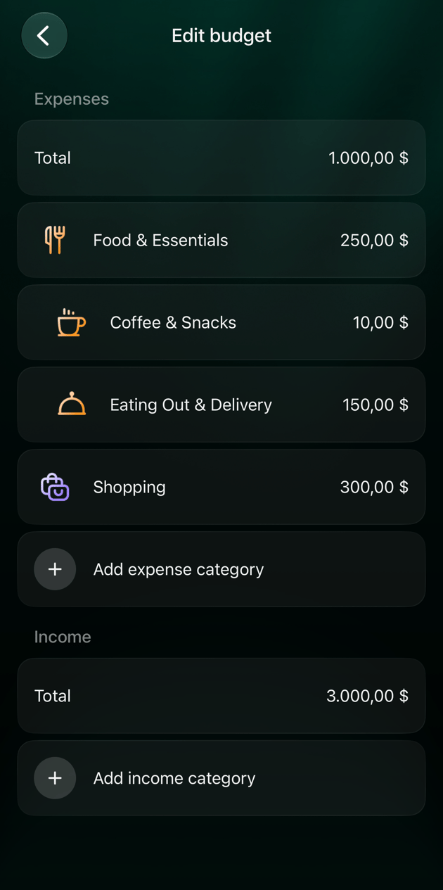 iOSのEdit budget画面。Expenses Total 1.000,00ドル、Food & Essentials 250,00、Coffee & Snacks 10,00、Eating Out & Delivery 150,00、Shopping 300,00、Add expense category。Income Total 3.000,00、Add income category