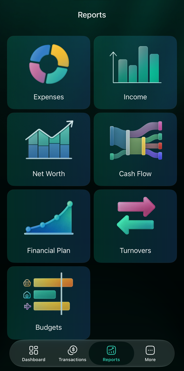 iOS Reports screen with tiles Expenses, Income, Net Worth, Cash Flow, Financial Plan, Turnovers and Budgets.