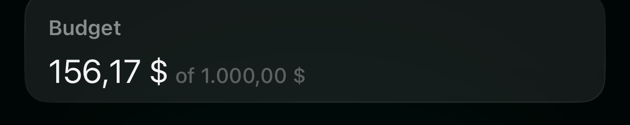 iOSのBudgetウィジェット。1.000,00ドルのうち156,17ドル