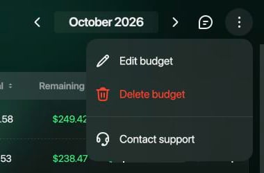予算ページのメニュー。Edit budget、Delete budget、Contact support