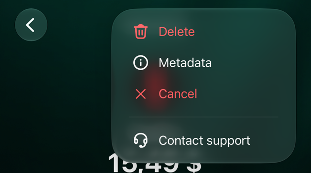 iOS recurring payment menu: Delete, Metadata, Cancel and Contact support.