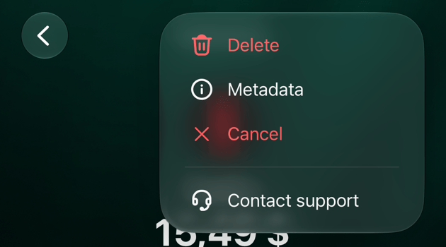 iOS recurring payment menu: Delete, Metadata, Cancel and Contact support.