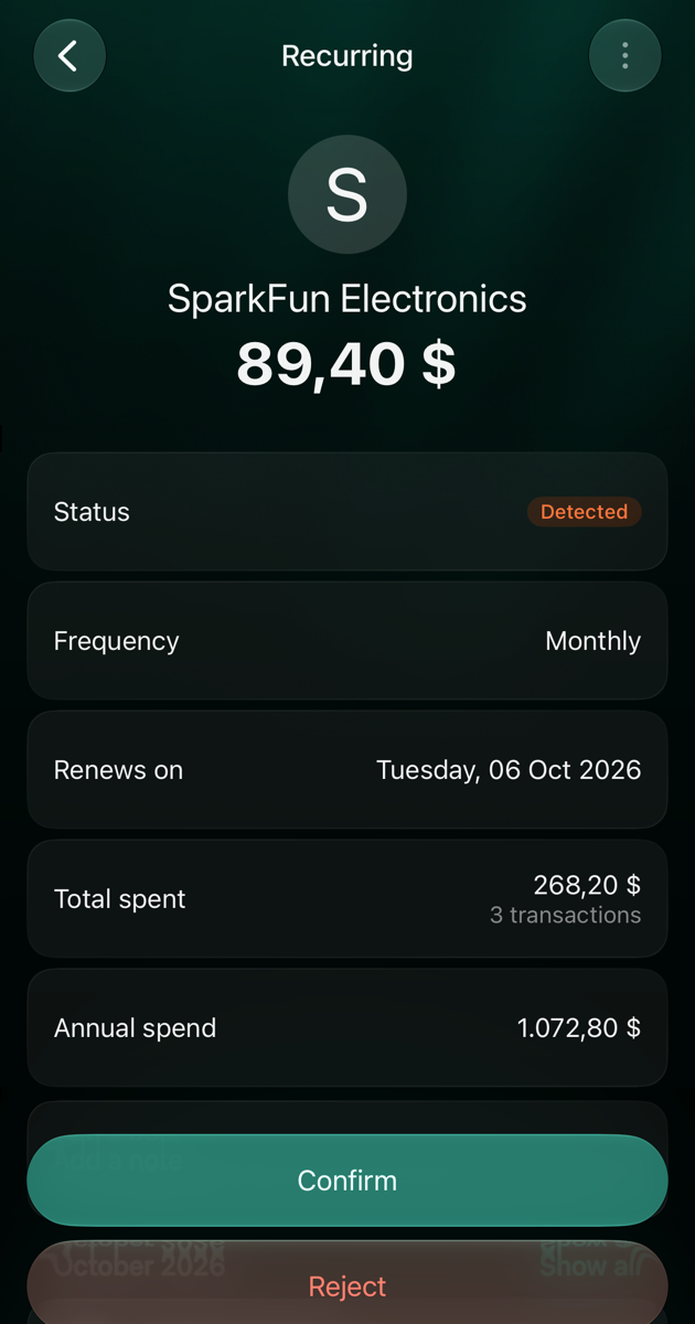 iOS detected recurring payment SparkFun Electronics 89.40 dollars: Status Detected, Frequency Monthly, Renews on, Total spent 268.20 dollars for 3 transactions, Annual spend 1,072.80 dollars, with Confirm and Reject buttons.