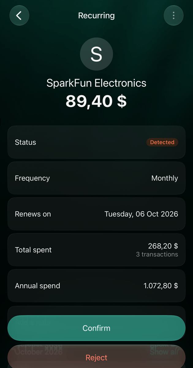 iOS detected recurring payment SparkFun Electronics 89.40 dollars: Status Detected, Frequency Monthly, Renews on, Total spent 268.20 dollars for 3 transactions, Annual spend 1,072.80 dollars, with Confirm and Reject buttons.