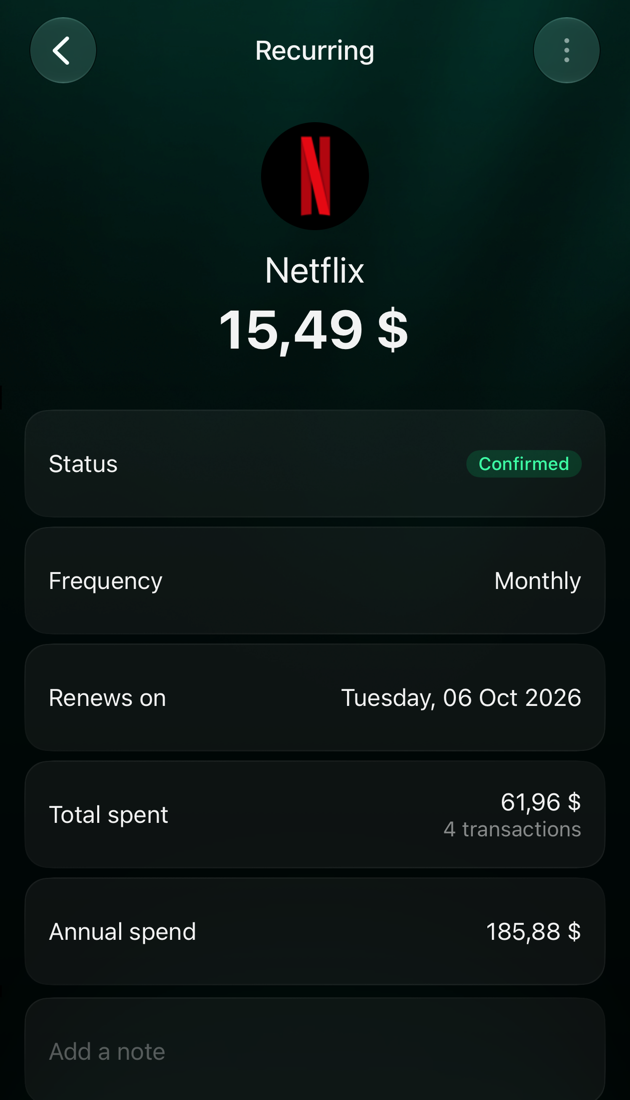iOS Netflix recurring payment 15.49 dollars: Status Confirmed, Frequency Monthly, Renews on Tuesday, 06 Oct 2026, Total spent 61.96 dollars for 4 transactions, Annual spend 185.88 dollars.