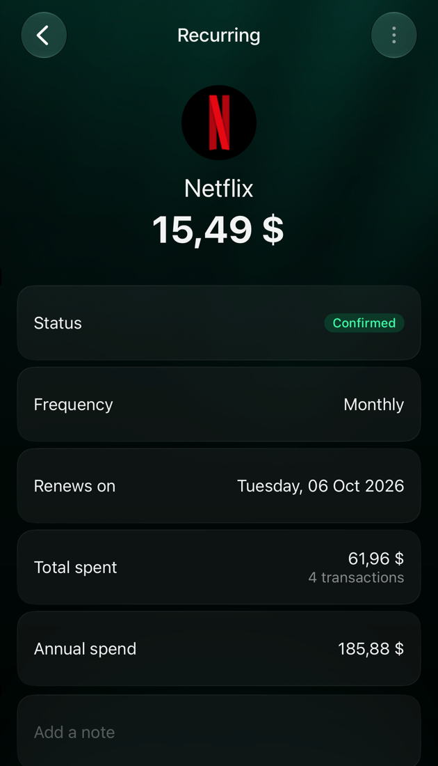iOS Netflix recurring payment 15.49 dollars: Status Confirmed, Frequency Monthly, Renews on Tuesday, 06 Oct 2026, Total spent 61.96 dollars for 4 transactions, Annual spend 185.88 dollars.