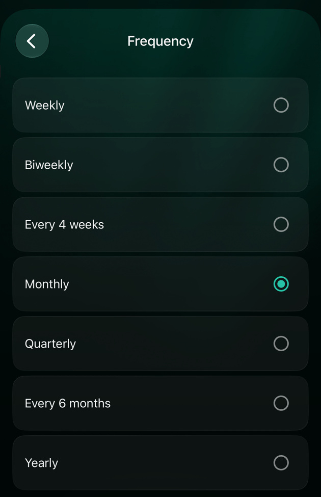 iOS Frequency list: Weekly, Biweekly, Every 4 weeks, Monthly (selected), Quarterly, Every 6 months and Yearly.