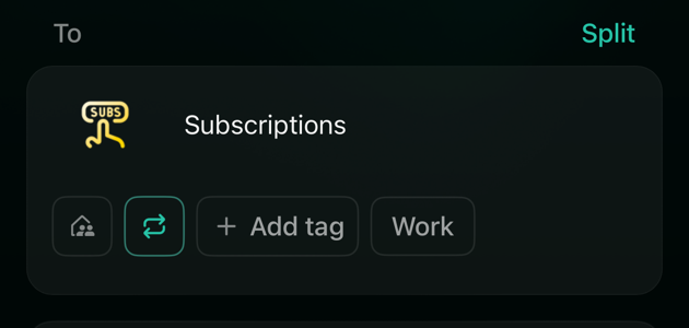 iOS Netflix transaction, To Subscriptions, with the family icon, the highlighted recurring icon, Add tag and Work.