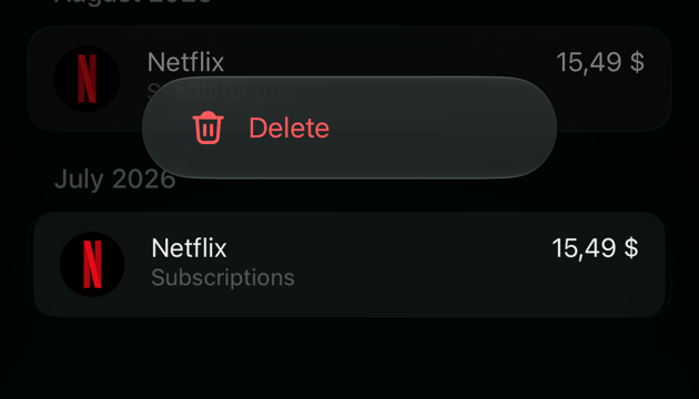 iOS recurring payment's list of payments with a long-press menu over August that has one item, Delete.