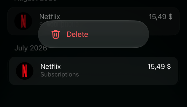 iOS recurring payment's list of payments with a long-press menu over August that has one item, Delete.