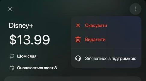 Disney+ $13.99 Щомісяця з відкритим меню: Скасувати, Видалити та Зв'язатися з підтримкою.