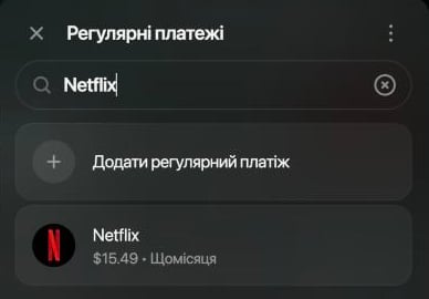 Список регулярних платежів із пошуком Netflix: Додати регулярний платіж, потім Netflix $15.49 Щомісяця.
