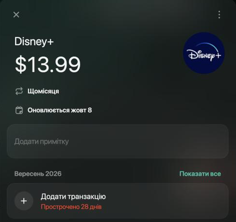 Регулярний платіж Disney+, $13.99 Щомісяця; у вересні 2026 — Додати транзакцію з червоним Прострочено 28 днів.